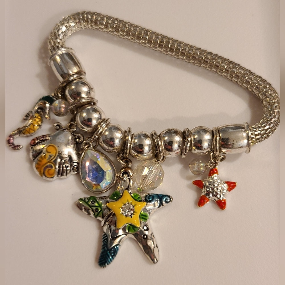 Sea ocean charm bracelet AB crystal starfish seahorse shells mesh stretch silver